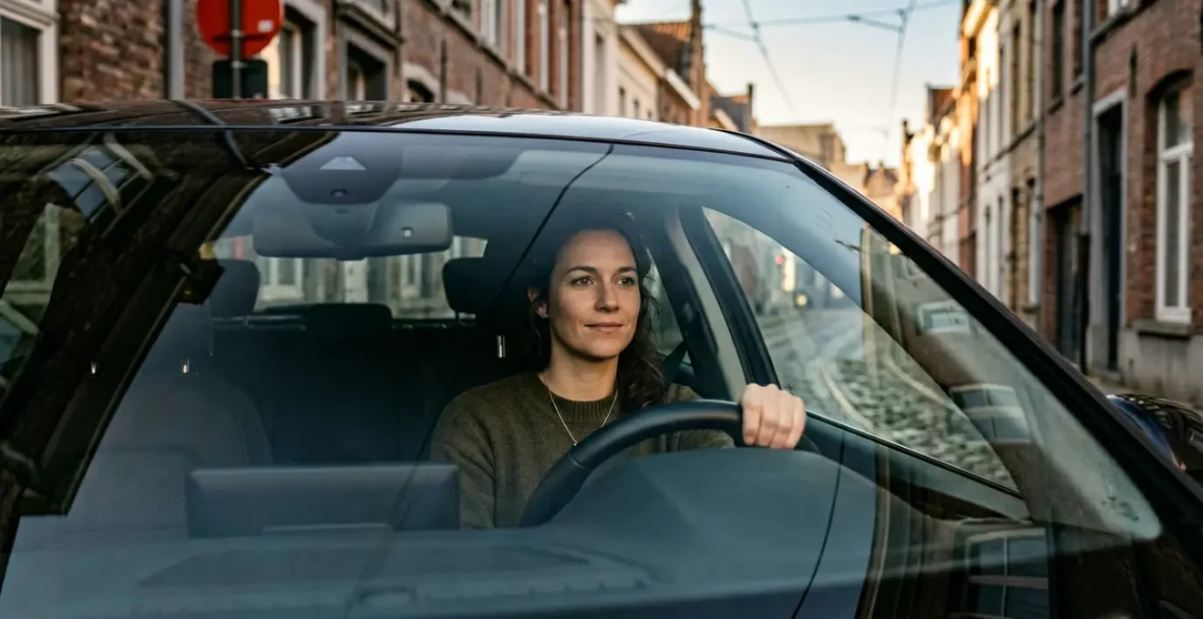 Femme au volant dans une rue de ville belge avec signalisation zone 30 et architecture typique