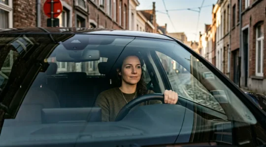 Femme au volant dans une rue de ville belge avec signalisation zone 30 et architecture typique