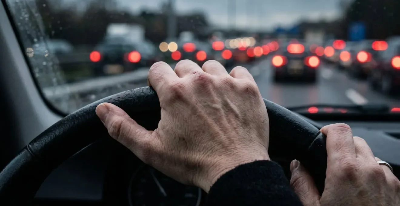 Gros plan sur les mains d'une femme crispées sur le volant dans un embouteillage