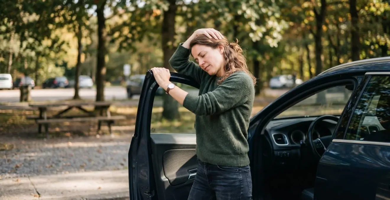 Conductrice effectuant un étirement des trapèzes en utilisant la portière de sa voiture comme appui sur une aire de repos