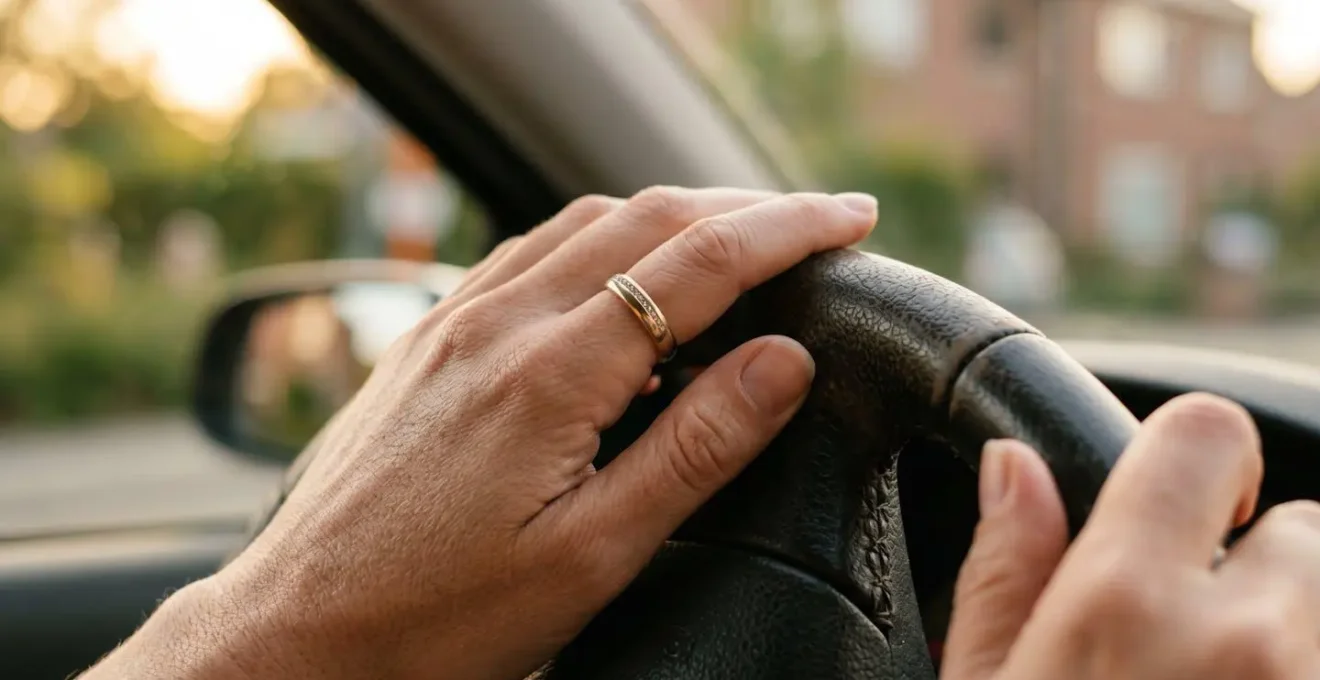 Gros plan sur les mains d'une femme posées sur le volant dans une voiture garée, lumière douce du soir
