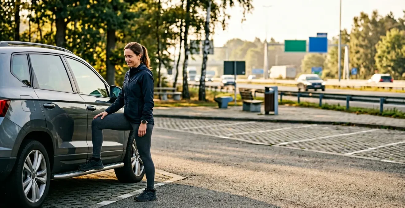 Femme pratiquant des étirements contre sa voiture sur une aire d'autoroute avec paysage autoroutier belge en arrière-plan