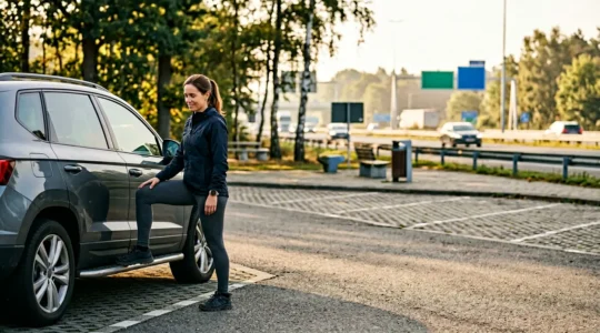 Femme pratiquant des étirements contre sa voiture sur une aire d'autoroute avec paysage autoroutier belge en arrière-plan