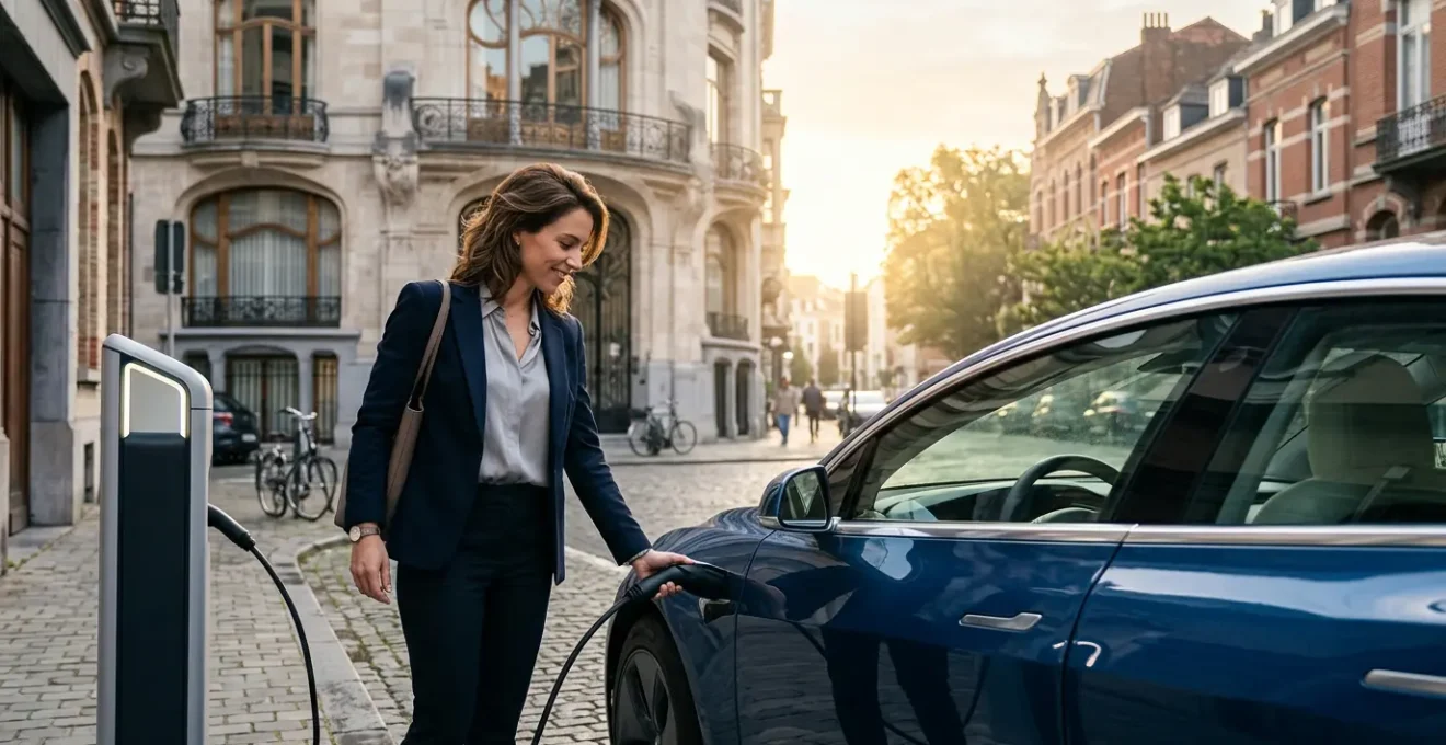 Femme cadre rechargeant sa voiture électrique de société dans un environnement urbain belge