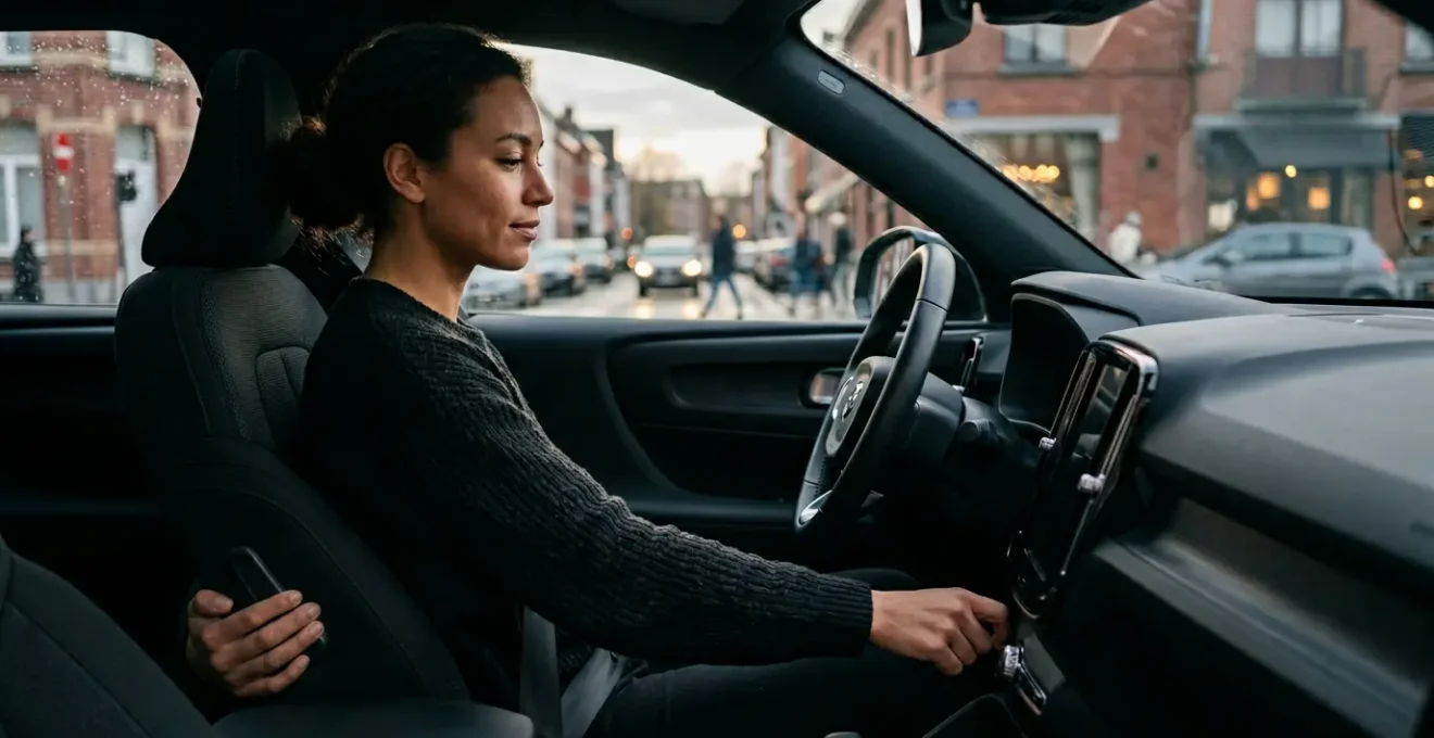 Conductrice ajustant son siège automobile dans un embouteillage avec un arrière-plan urbain belge
