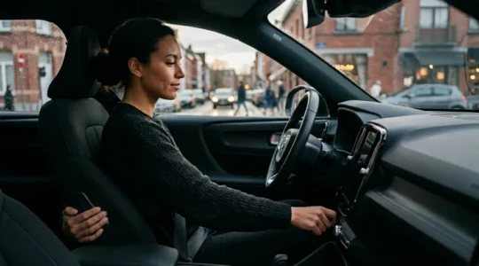 Conductrice ajustant son siège automobile dans un embouteillage avec un arrière-plan urbain belge