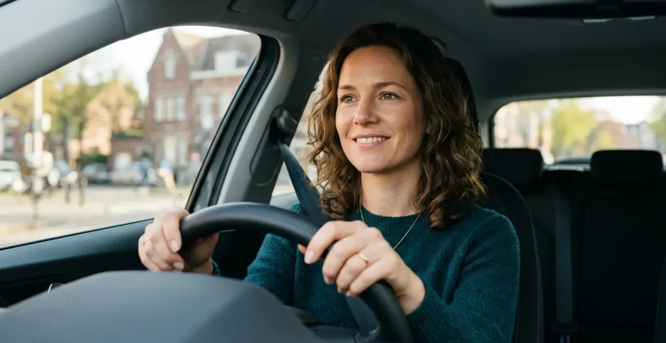 Conductrice sereine au volant regardant la route avec assurance dans un environnement urbain belge