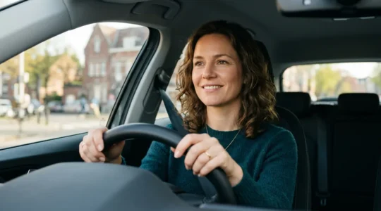 Conductrice sereine au volant regardant la route avec assurance dans un environnement urbain belge