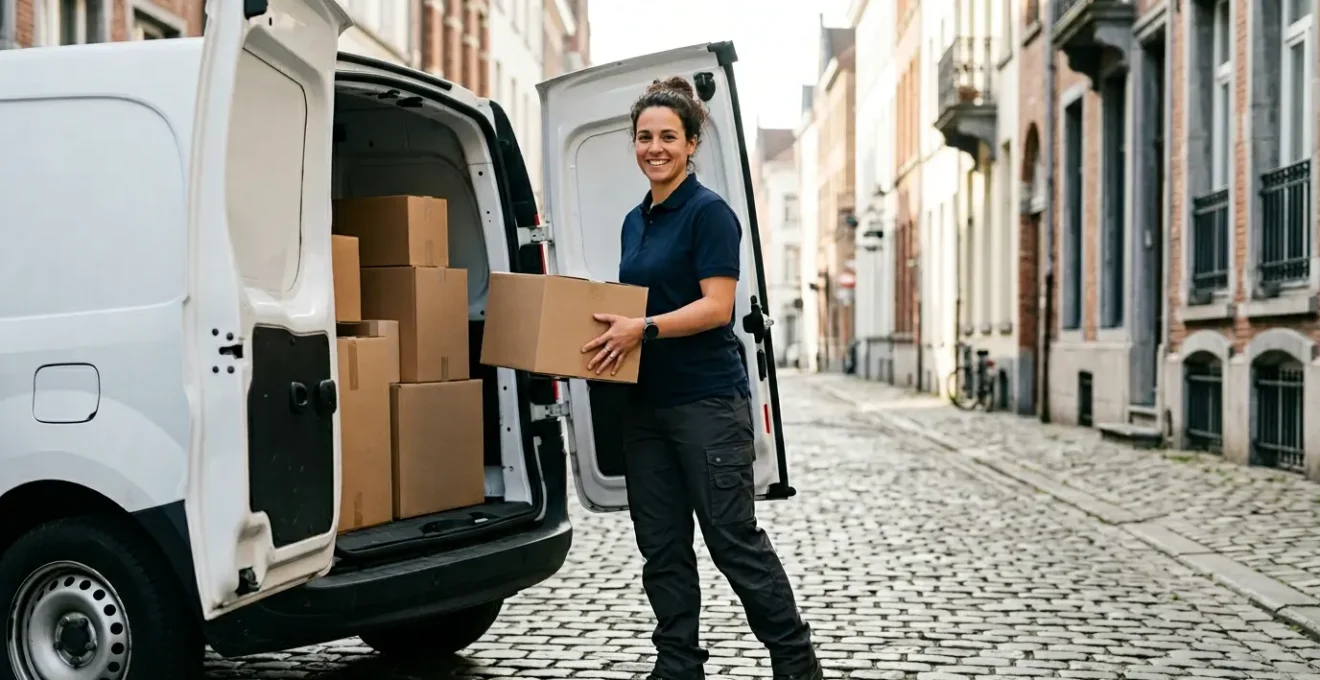 Transporteuse indépendante chargeant des colis dans sa camionnette en milieu urbain belge
