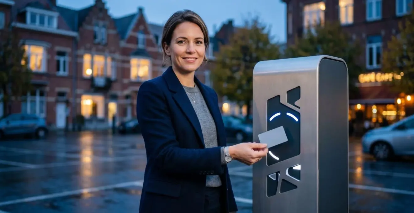 Femme professionnelle utilisant un badge de recharge sur une borne publique en Belgique