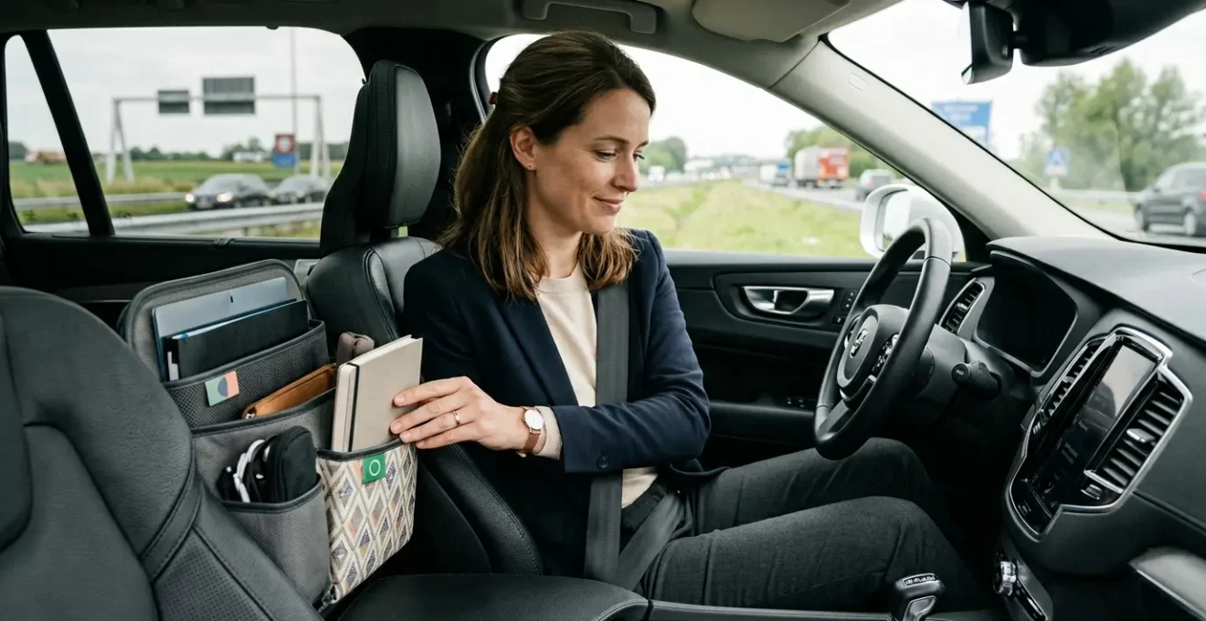 Femme professionnelle organisant son espace de travail mobile dans une voiture moderne avec rangements optimisés