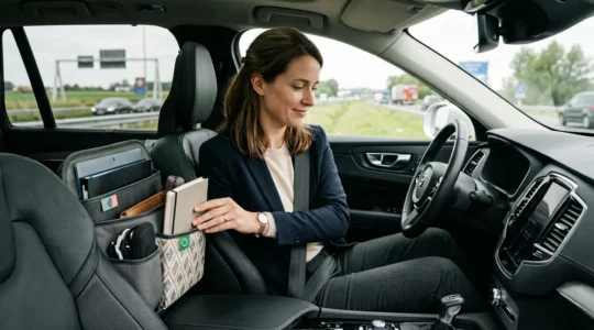 Femme professionnelle organisant son espace de travail mobile dans une voiture moderne avec rangements optimisés