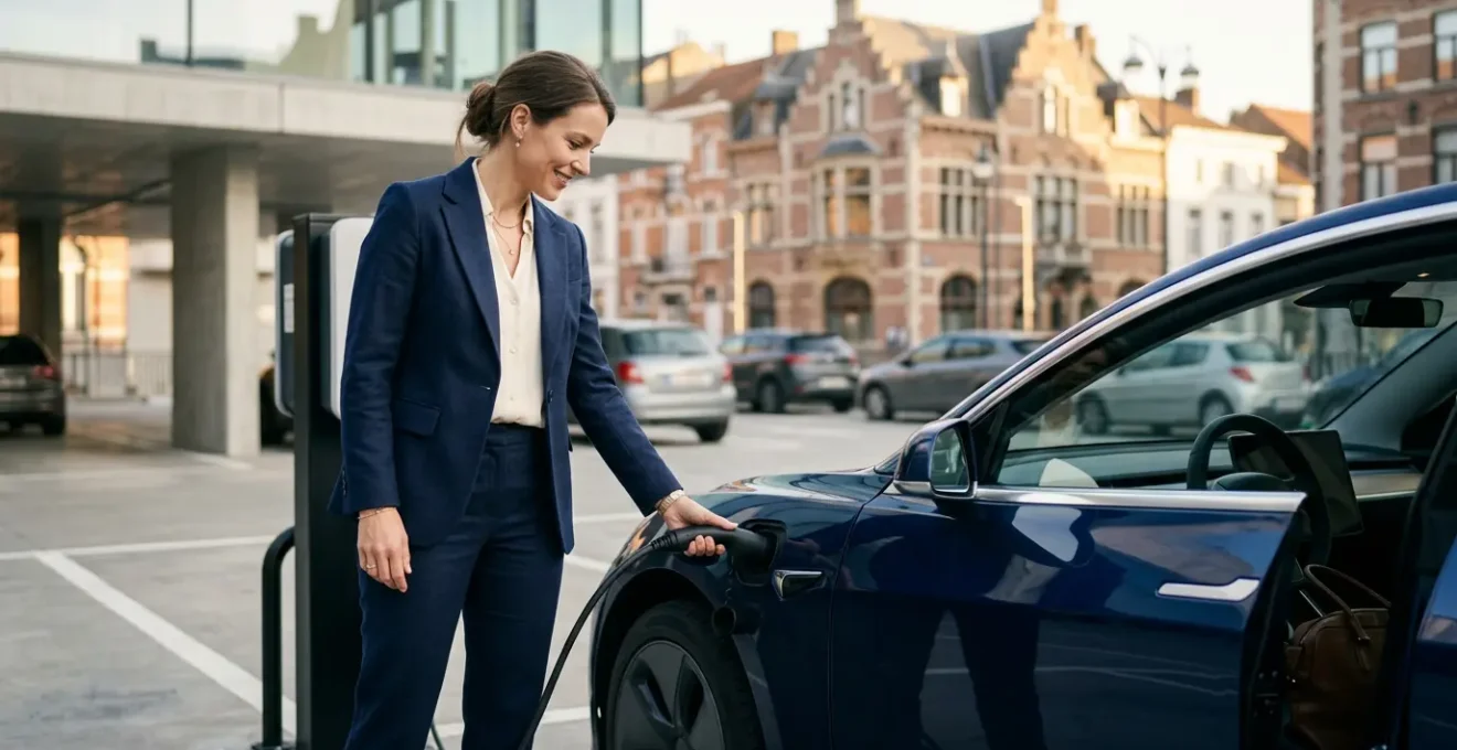 Femme d'affaires chargeant sa voiture électrique de société dans un environnement professionnel urbain