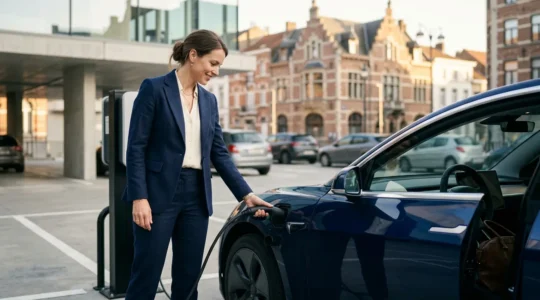 Femme d'affaires chargeant sa voiture électrique de société dans un environnement professionnel urbain