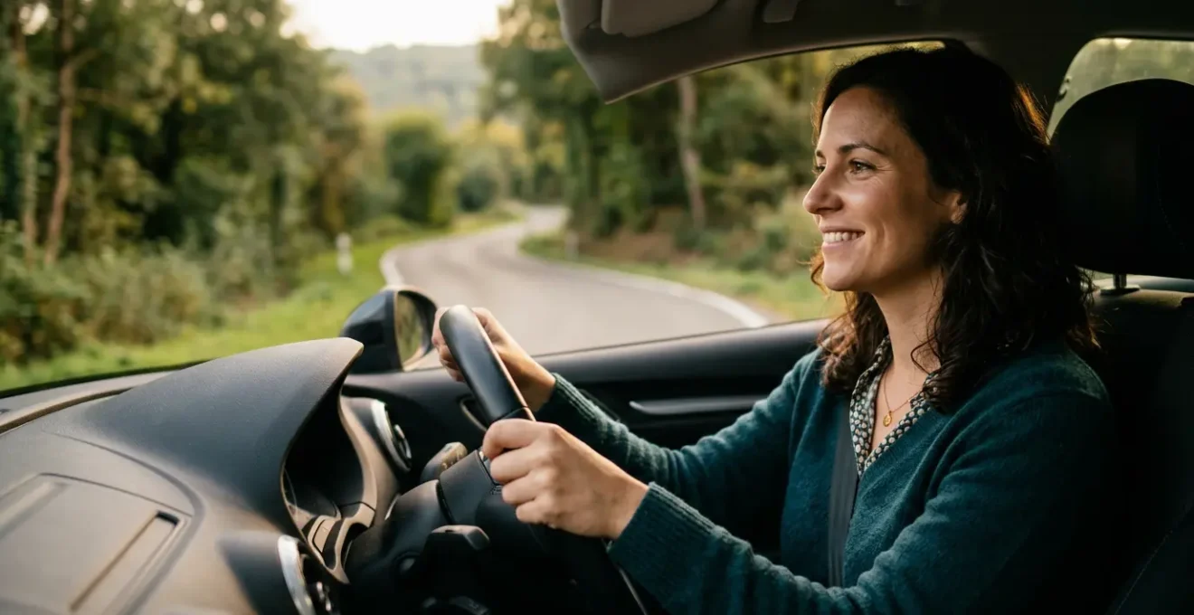 Femme conductrice au volant adoptant une conduite économique et écologique sur route belge