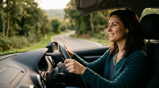 Femme conductrice au volant adoptant une conduite économique et écologique sur route belge