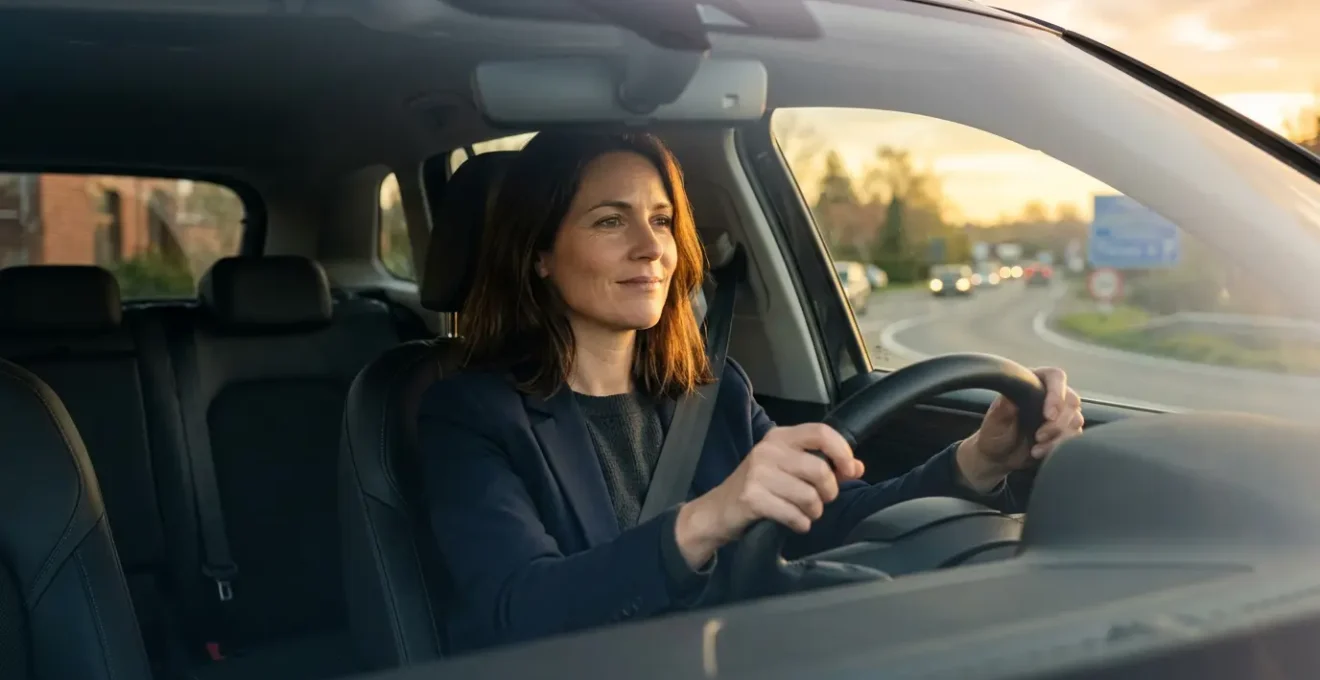 Femme confiante au volant de sa voiture sur une route belge au crépuscule