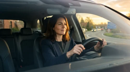 Femme confiante au volant de sa voiture sur une route belge au crépuscule