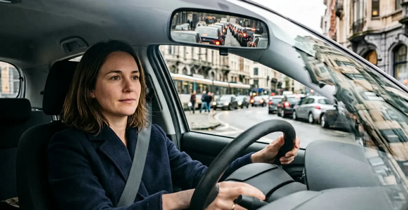 Femme conductrice calme et concentrée au volant dans une situation de trafic dense