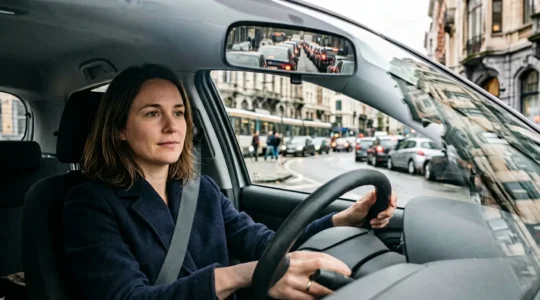 Femme conductrice calme et concentrée au volant dans une situation de trafic dense