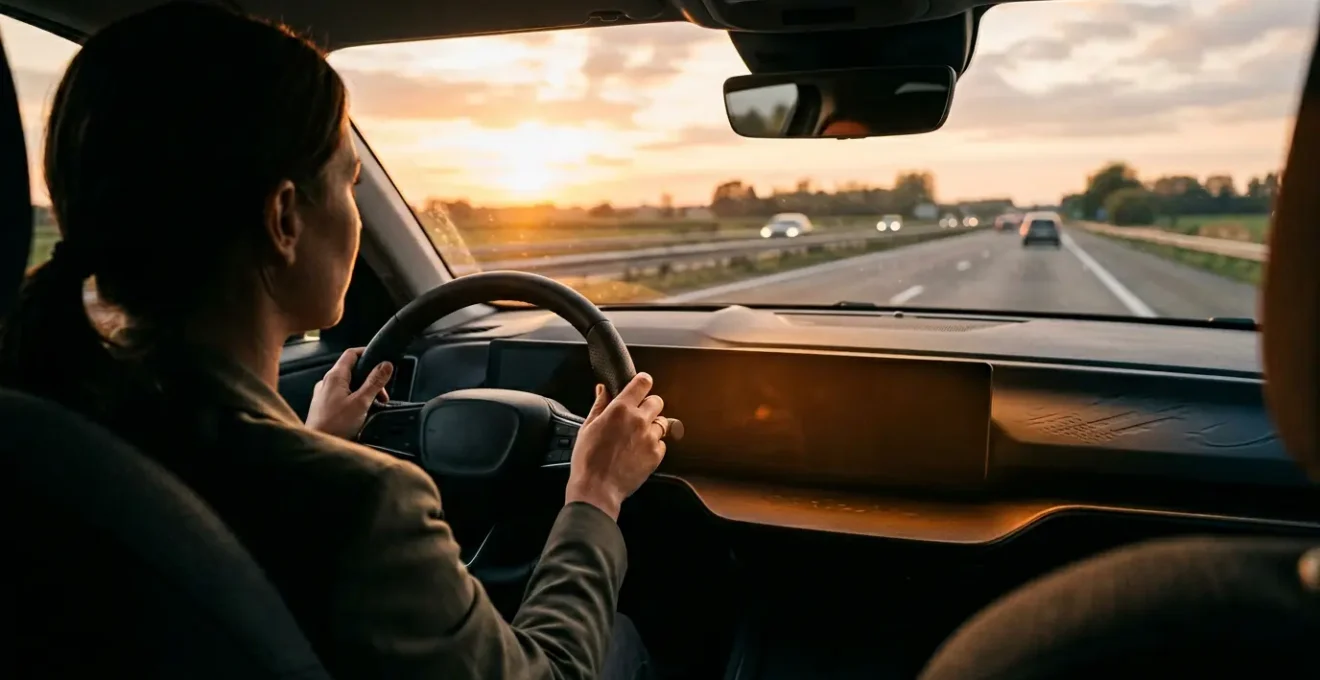 Femme au volant dans une ambiance apaisante sur une route belge