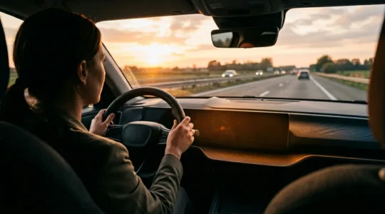 Femme au volant dans une ambiance apaisante sur une route belge