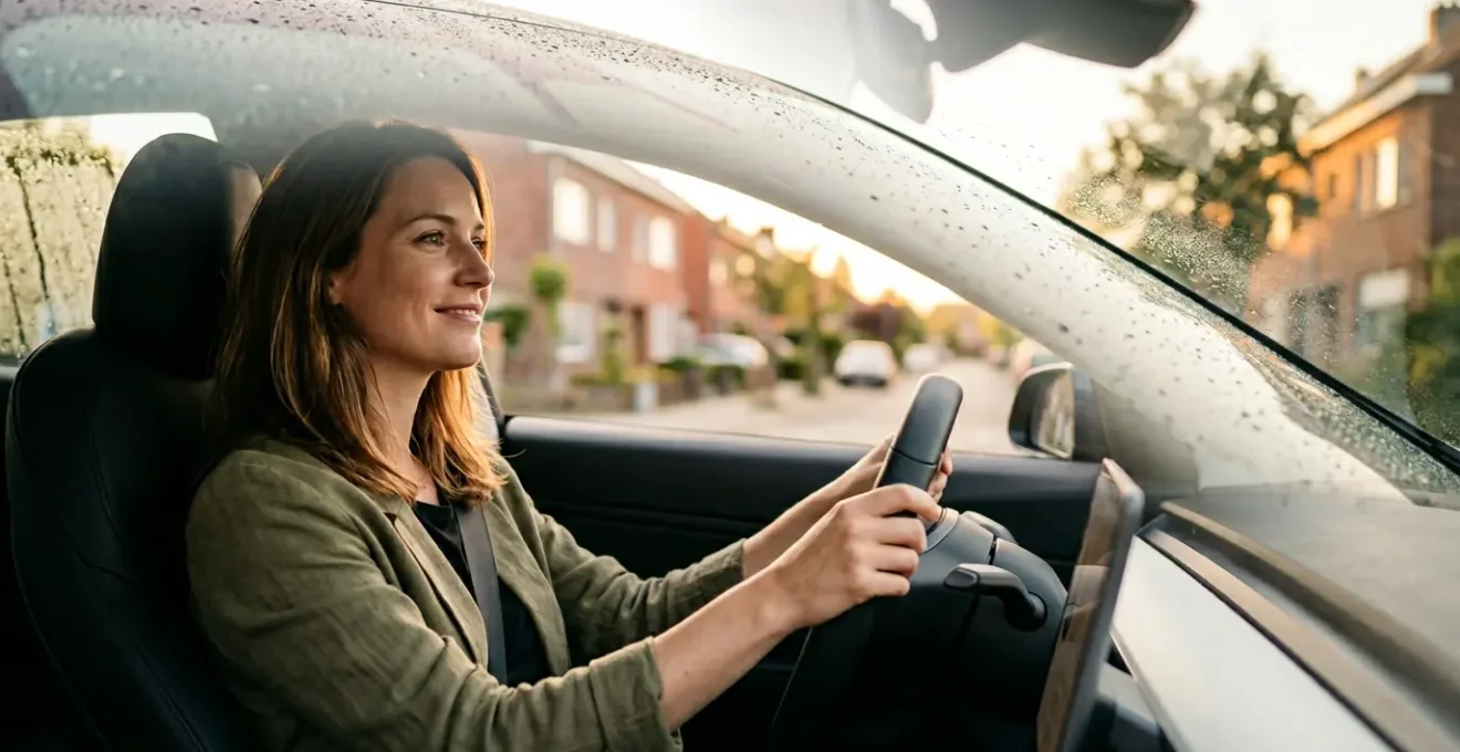 Conductrice sereine dans une voiture moderne avec système de filtration d'air visible