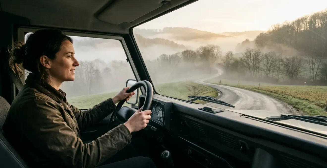 Conductrice au volant de sa voiture traversant les collines brumeuses des Ardennes wallonnes à l'aube