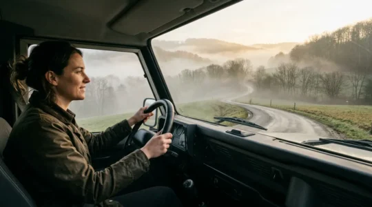 Conductrice au volant de sa voiture traversant les collines brumeuses des Ardennes wallonnes à l'aube