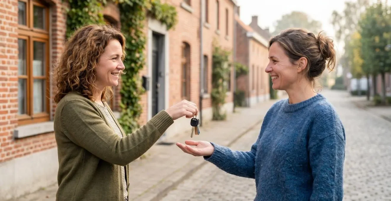 Deux femmes échangeant des clés de voiture devant une maison rurale wallonne typique