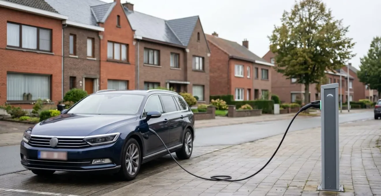 Voiture hybride en charge dans un environnement périurbain belge typique