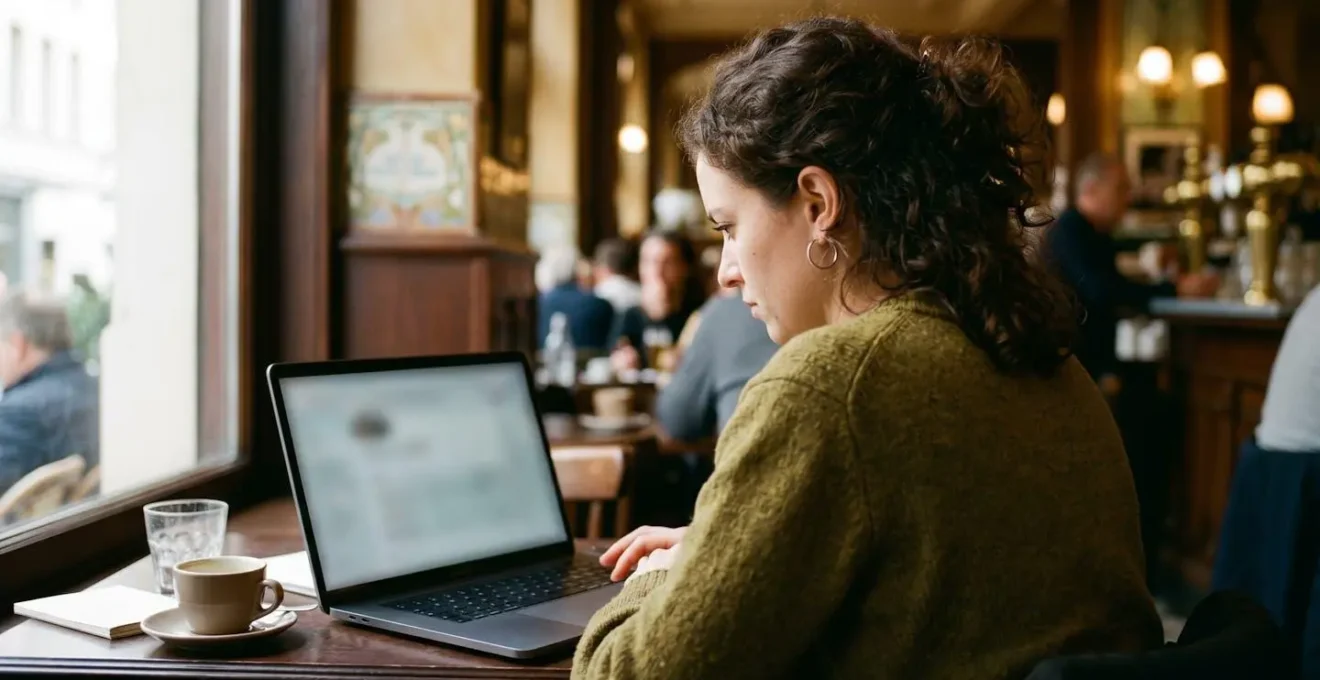 Femme remplissant le formulaire d'inscription LEZ sur ordinateur portable dans un café bruxellois