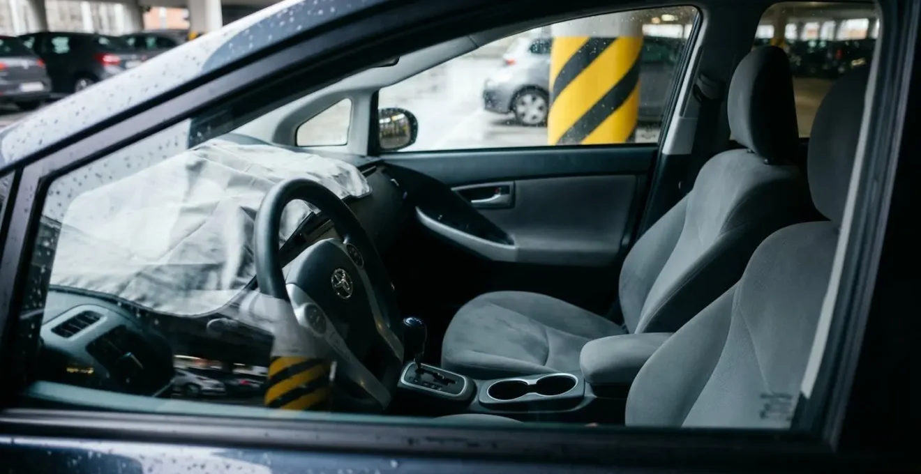 Intérieur de voiture épuré sans objets visibles dans un parking P+R sécurisé