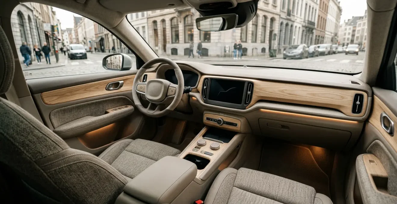 Intérieur élégant d'une citadine avec des touches vintage modernes, montrant un tableau de bord en bois clair et des sièges en tissu texturé dans des tons neutres