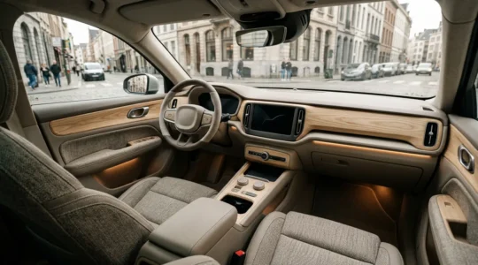 Intérieur élégant d'une citadine avec des touches vintage modernes, montrant un tableau de bord en bois clair et des sièges en tissu texturé dans des tons neutres