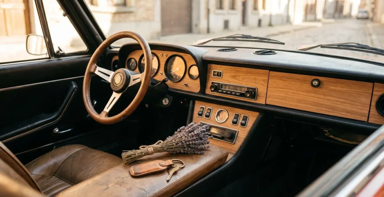 Intérieur automobile style vintage moderne avec covering bois et accessoires rétro soigneusement choisis