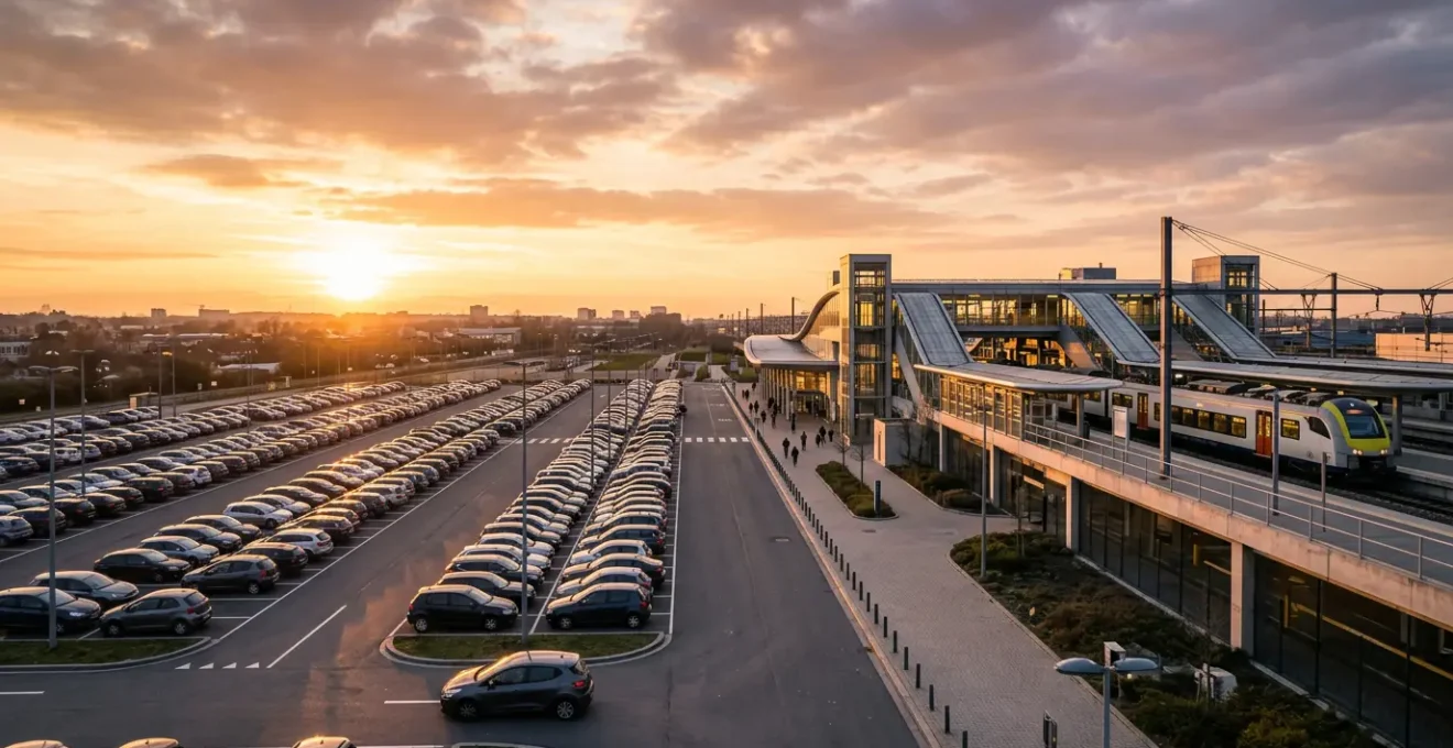 Vue panoramique d'une gare ferroviaire belge avec parking au lever du soleil montrant l'harmonie entre mobilité automobile et transport ferroviaire