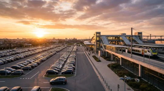 Vue panoramique d'une gare ferroviaire belge avec parking au lever du soleil montrant l'harmonie entre mobilité automobile et transport ferroviaire