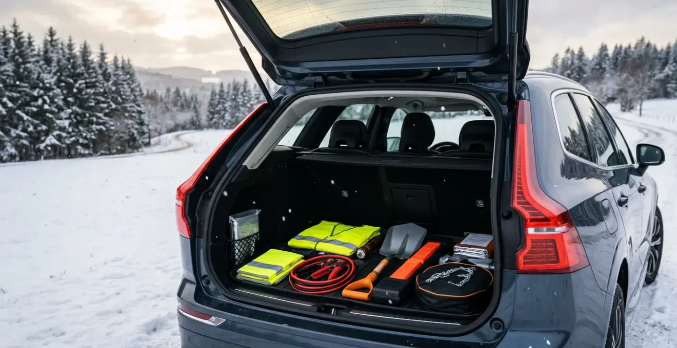 Équipements de sécurité hivernaux organisés dans le coffre d'une voiture en Belgique avec neige visible