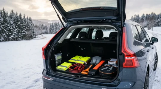 Équipements de sécurité hivernaux organisés dans le coffre d'une voiture en Belgique avec neige visible