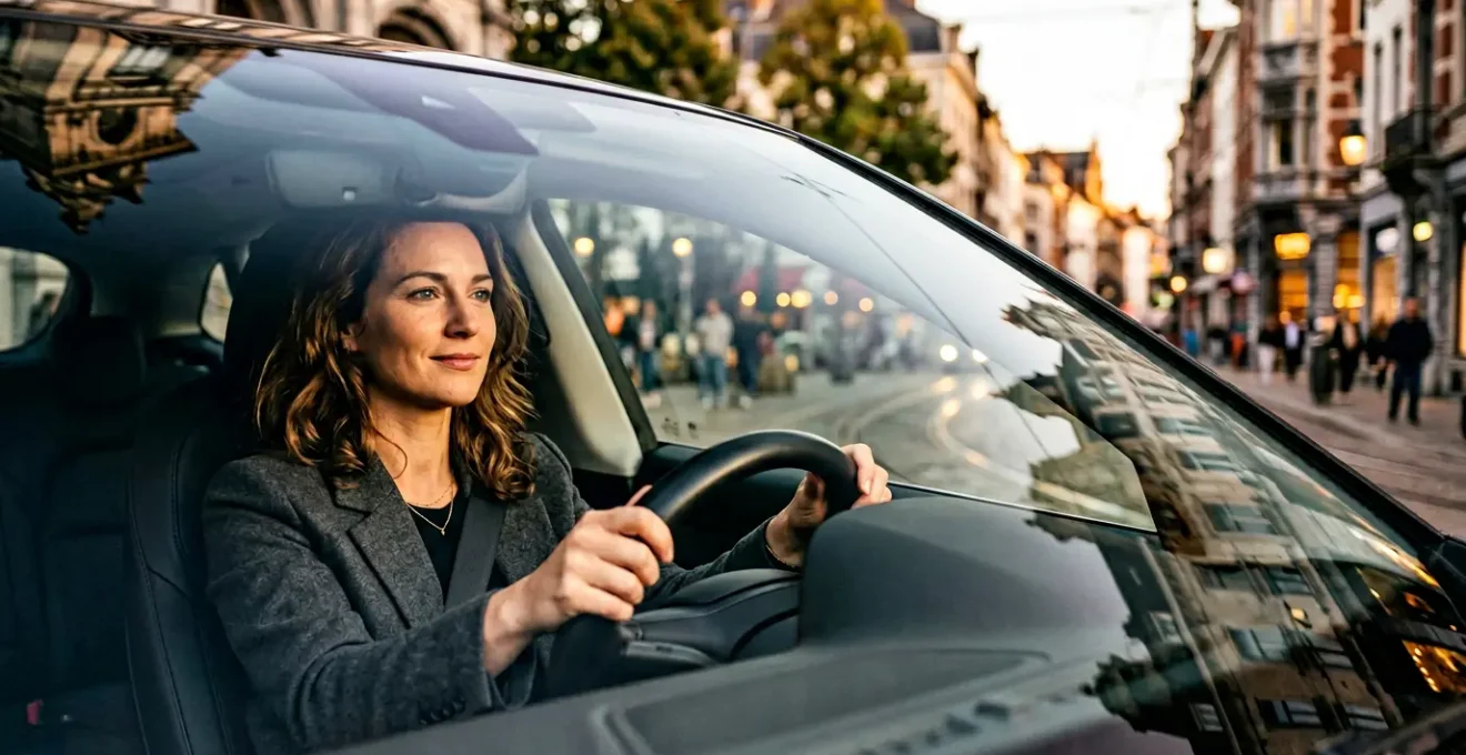 Femme au volant dans un environnement urbain belge sécurisé