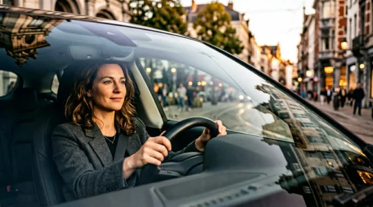 Femme au volant dans un environnement urbain belge sécurisé
