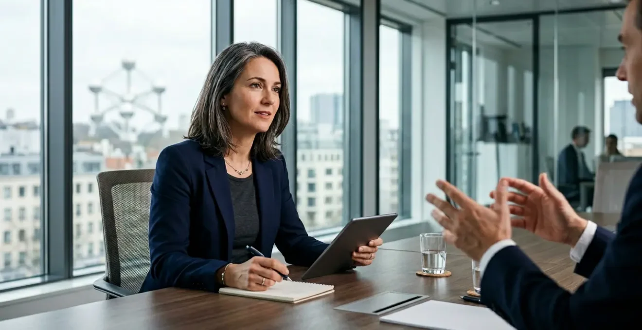 Femme d'affaires négociant avec confiance dans un bureau moderne en Belgique