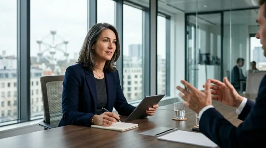 Femme d'affaires négociant avec confiance dans un bureau moderne en Belgique