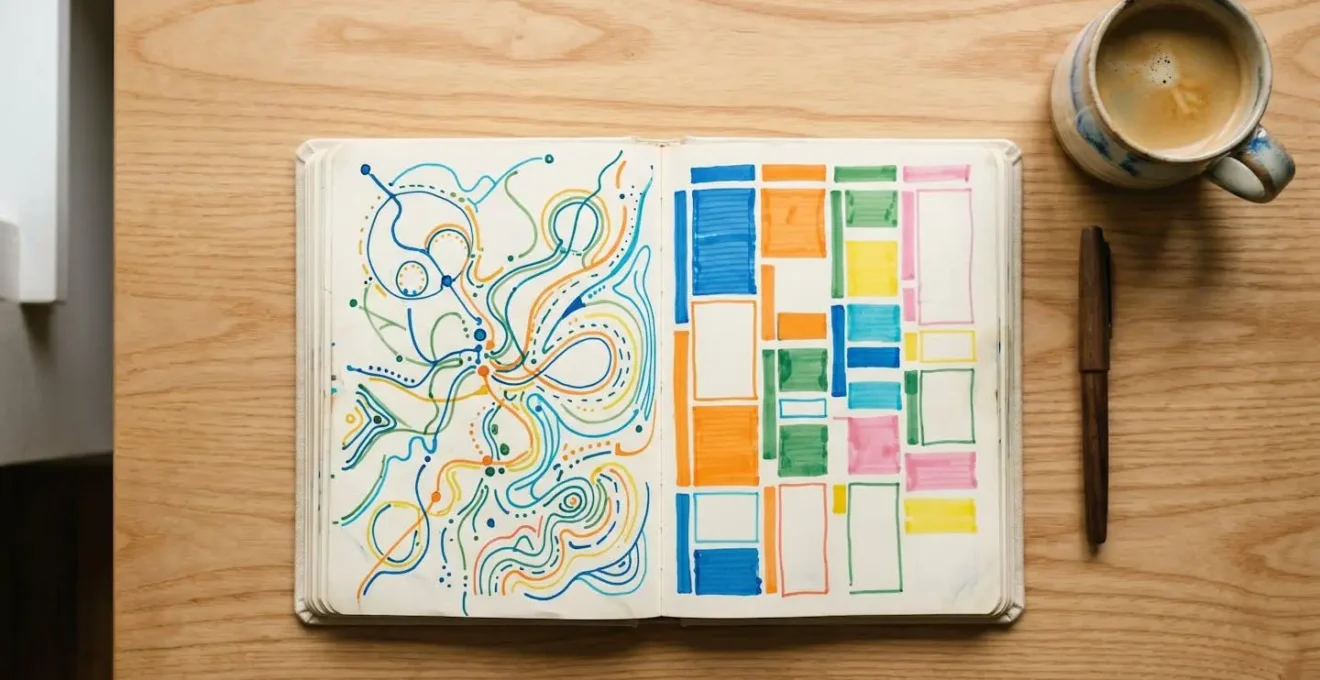 Vue aérienne d'un carnet de planification avec des trajets dessinés et une tasse de café