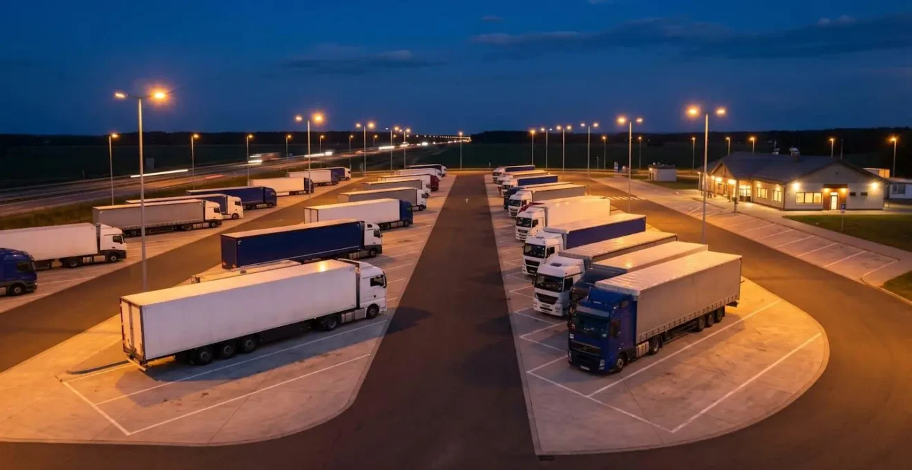 Aire de repos d'autoroute éclairée la nuit avec plusieurs camions garés de manière stratégique