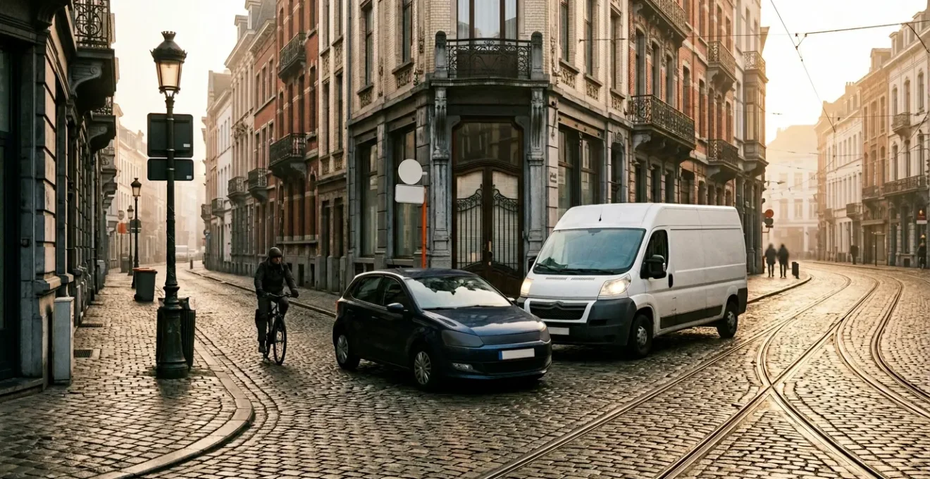 Intersection urbaine belge typique avec pavés et angle mort masqué par véhicule stationné