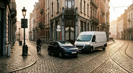 Intersection urbaine belge typique avec pavés et angle mort masqué par véhicule stationné