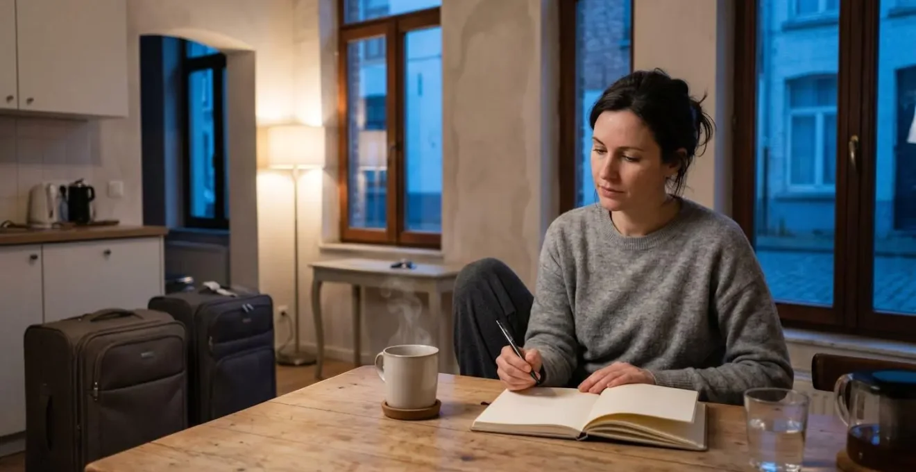 Femme préparant calmement sa soirée avant un long trajet, ambiance apaisante