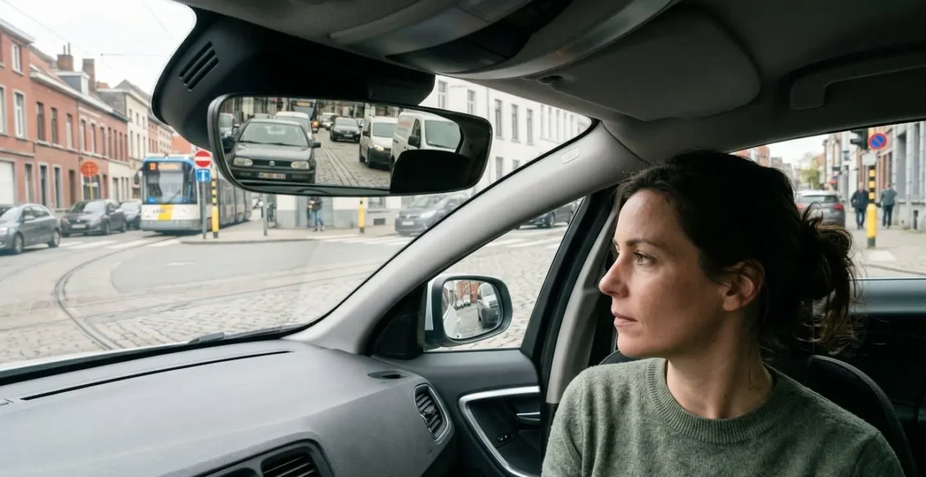 Conductrice utilisant ses rétroviseurs pour surveiller l'environnement sans contact direct